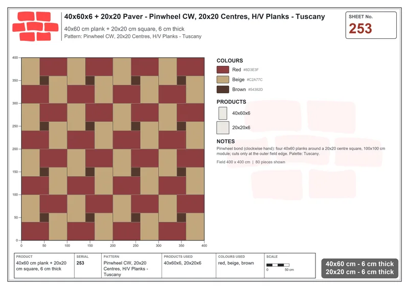 Interlock (Pasco) 40x60 cm · RC46-253 · Pinwheel CW, 20x20 Centres, H/V Planks - Tuscany · Laying plan Interlock (Pasco) 40x60 cm · RC46-253 · Pinwheel CW, 20x20 Centres, H/V Planks - Tuscany · Laying plan