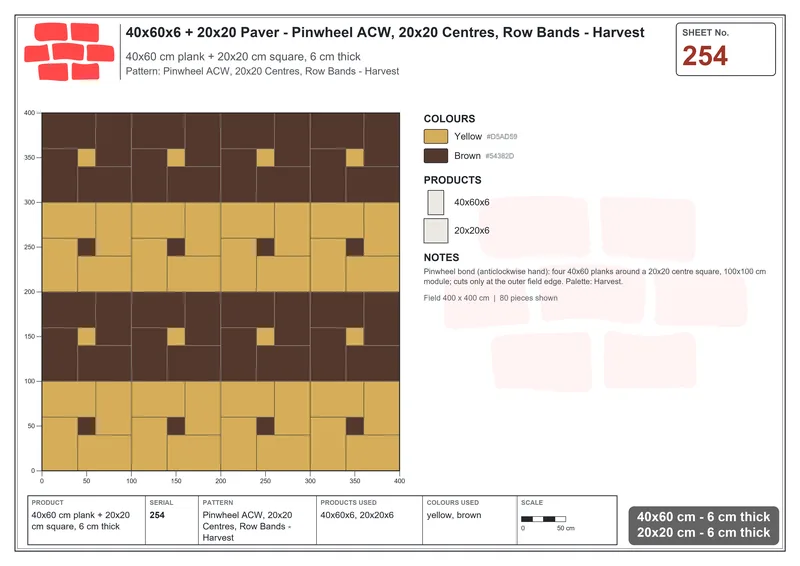 Interlock (Pasco) 40x60 cm · RC46-254 · Pinwheel ACW, 20x20 Centres, Row Bands - Harvest · Laying plan Interlock (Pasco) 40x60 cm · RC46-254 · Pinwheel ACW, 20x20 Centres, Row Bands - Harvest · Laying plan