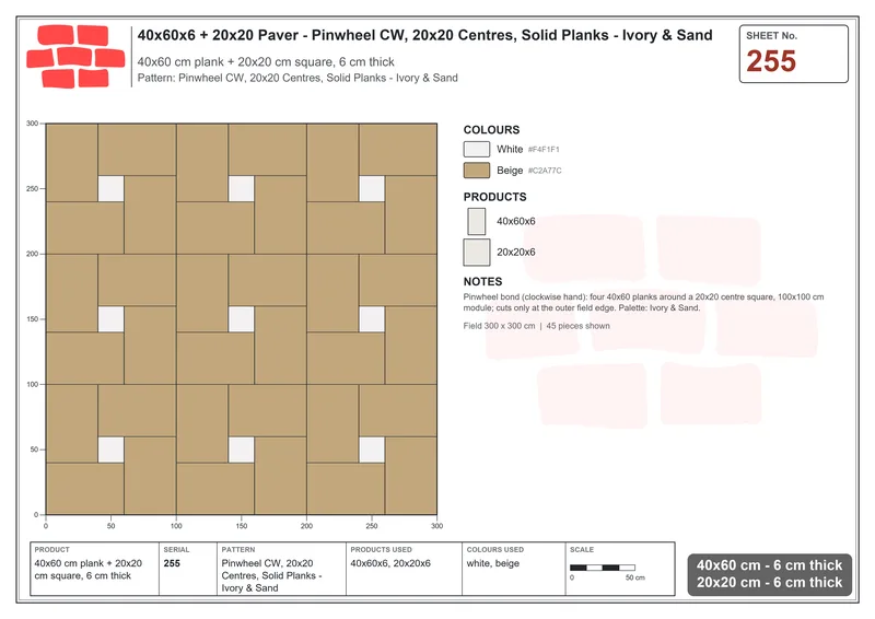 Interlock (Pasco) 40x60 cm · RC46-255 · Pinwheel CW, 20x20 Centres, Solid Planks - Ivory & Sand · Laying plan Interlock (Pasco) 40x60 cm · RC46-255 · Pinwheel CW, 20x20 Centres, Solid Planks - Ivory & Sand · Laying plan