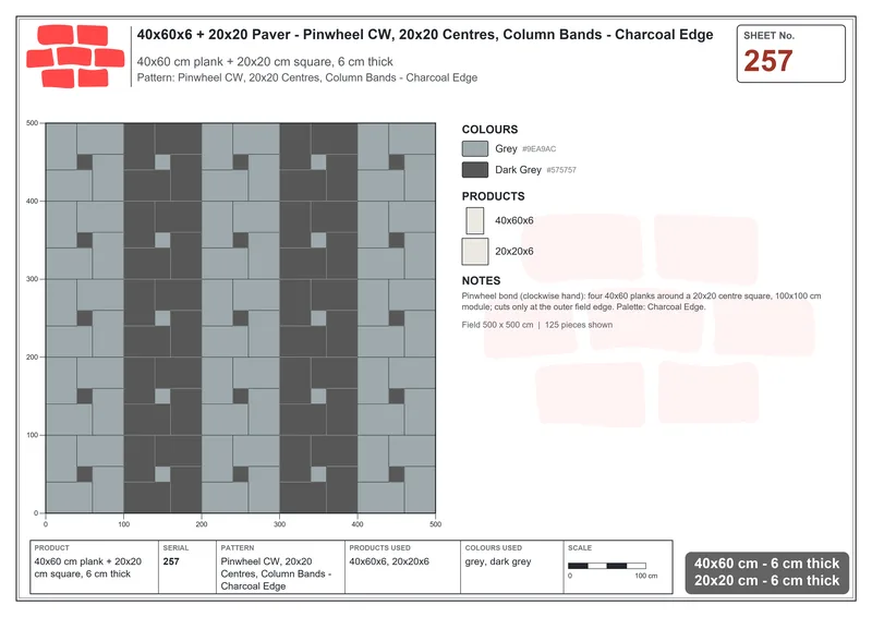 Interlock (Pasco) 40x60 cm · RC46-257 · Pinwheel CW, 20x20 Centres, Column Bands - Charcoal Edge · Laying plan Interlock (Pasco) 40x60 cm · RC46-257 · Pinwheel CW, 20x20 Centres, Column Bands - Charcoal Edge · Laying plan