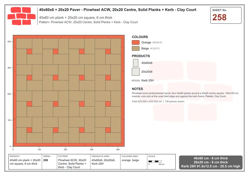 Interlock (Pasco) 40x60 cm · RC46-258 · Pinwheel ACW, 20x20 Centre, Solid Planks + Kerb - Clay Court · Laying plan Interlock (Pasco) 40x60 cm · RC46-258 · Pinwheel ACW, 20x20 Centre, Solid Planks + Kerb - Clay Court · Laying plan