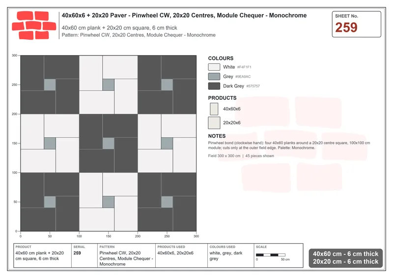 Interlock (Pasco) 40x60 cm · RC46-259 · Pinwheel CW, 20x20 Centres, Module Chequer - Monochrome · Laying plan Interlock (Pasco) 40x60 cm · RC46-259 · Pinwheel CW, 20x20 Centres, Module Chequer - Monochrome · Laying plan