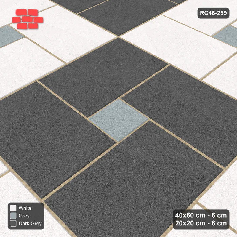 Interlock (Pasco) 40x60 cm · RC46-259 · Pinwheel CW, 20x20 Centres, Module Chequer - Monochrome · Side view Interlock (Pasco) 40x60 cm · RC46-259 · Pinwheel CW, 20x20 Centres, Module Chequer - Monochrome · Side view