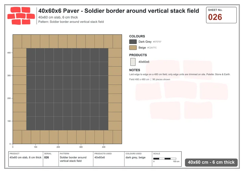 Interlock (Pasco) 40x60 cm · RC46-26 · Soldier border around vertical stack field · Laying plan Interlock (Pasco) 40x60 cm · RC46-26 · Soldier border around vertical stack field · Laying plan