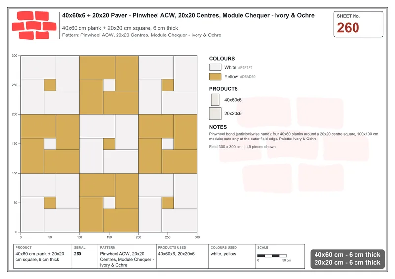 Interlock (Pasco) 40x60 cm · RC46-260 · Pinwheel ACW, 20x20 Centres, Module Chequer - Ivory & Ochre · Laying plan Interlock (Pasco) 40x60 cm · RC46-260 · Pinwheel ACW, 20x20 Centres, Module Chequer - Ivory & Ochre · Laying plan