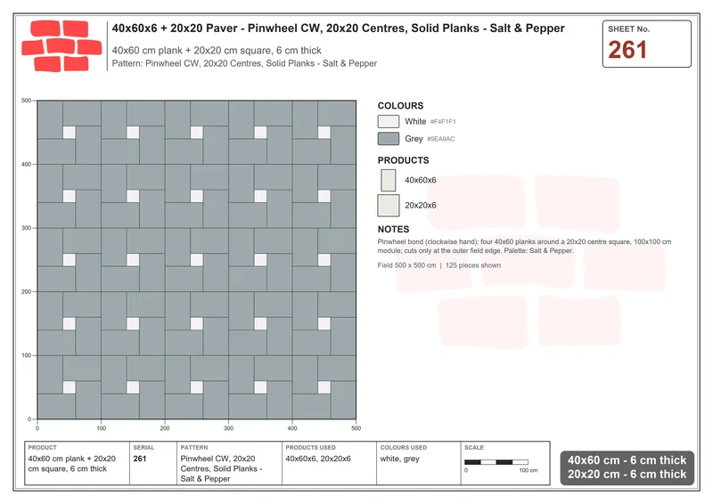 Interlock (Pasco) 40x60 cm · RC46-261 · Pinwheel CW, 20x20 Centres, Solid Planks - Salt & Pepper · Laying plan Interlock (Pasco) 40x60 cm · RC46-261 · Pinwheel CW, 20x20 Centres, Solid Planks - Salt & Pepper · Laying plan
