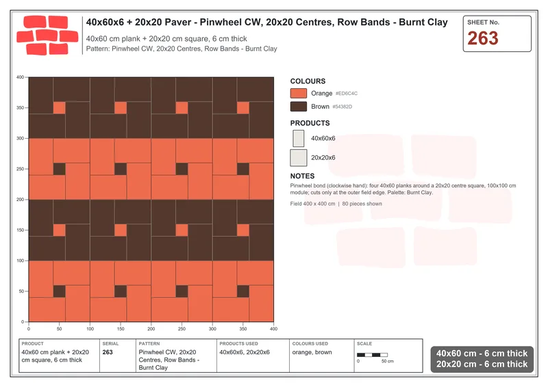 Interlock (Pasco) 40x60 cm · RC46-263 · Pinwheel CW, 20x20 Centres, Row Bands - Burnt Clay · Laying plan Interlock (Pasco) 40x60 cm · RC46-263 · Pinwheel CW, 20x20 Centres, Row Bands - Burnt Clay · Laying plan