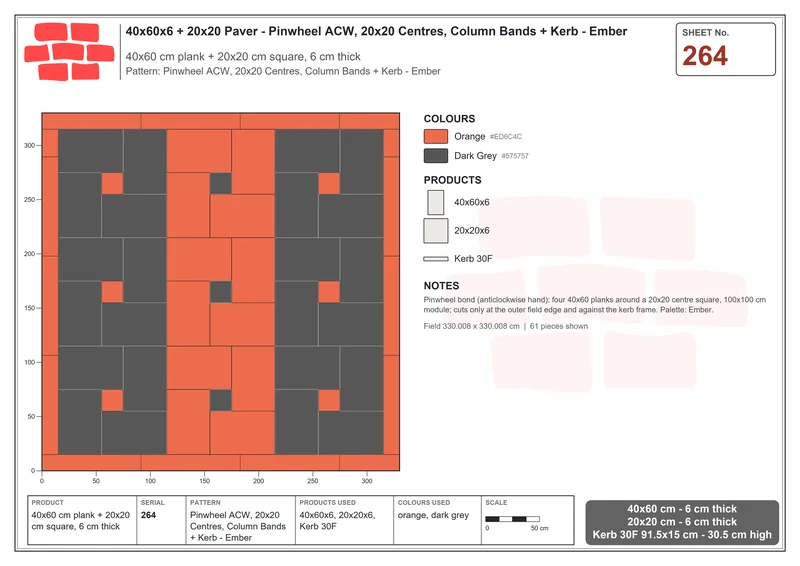 Interlock (Pasco) 40x60 cm · RC46-264 · Pinwheel ACW, 20x20 Centres, Column Bands + Kerb - Ember · Laying plan Interlock (Pasco) 40x60 cm · RC46-264 · Pinwheel ACW, 20x20 Centres, Column Bands + Kerb - Ember · Laying plan