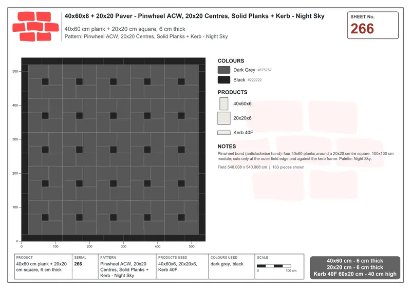 Interlock (Pasco) 40x60 cm · RC46-266 · Pinwheel ACW, 20x20 Centres, Solid Planks + Kerb - Night Sky · Laying plan Interlock (Pasco) 40x60 cm · RC46-266 · Pinwheel ACW, 20x20 Centres, Solid Planks + Kerb - Night Sky · Laying plan
