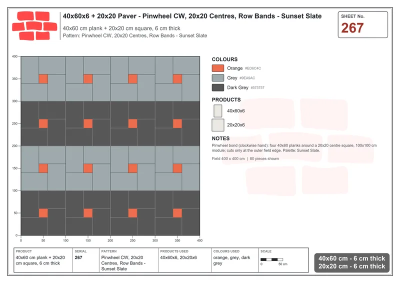 Interlock (Pasco) 40x60 cm · RC46-267 · Pinwheel CW, 20x20 Centres, Row Bands - Sunset Slate · Laying plan Interlock (Pasco) 40x60 cm · RC46-267 · Pinwheel CW, 20x20 Centres, Row Bands - Sunset Slate · Laying plan