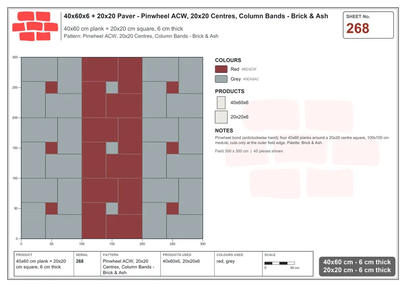 Interlock (Pasco) 40x60 cm · RC46-268 · Pinwheel ACW, 20x20 Centres, Column Bands - Brick & Ash · Laying plan Interlock (Pasco) 40x60 cm · RC46-268 · Pinwheel ACW, 20x20 Centres, Column Bands - Brick & Ash · Laying plan
