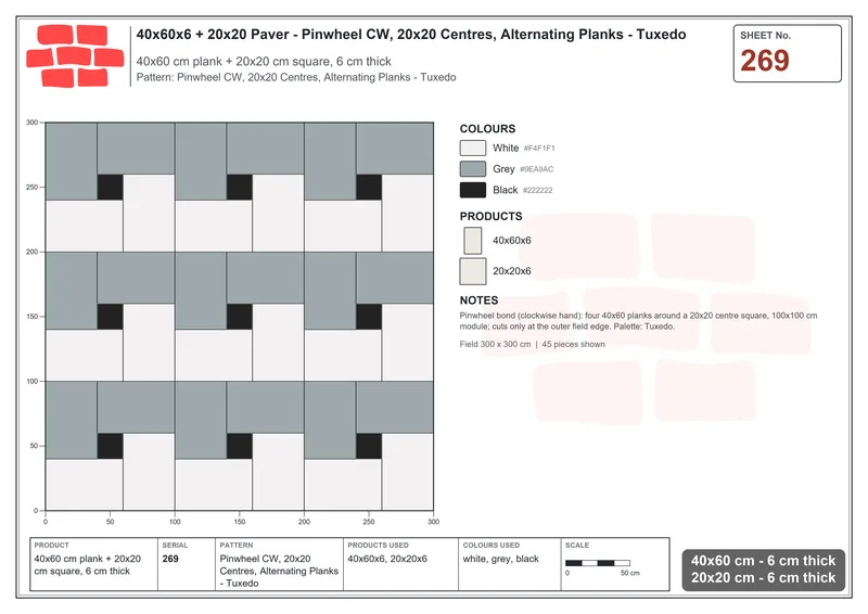 Interlock (Pasco) 40x60 cm · RC46-269 · Pinwheel CW, 20x20 Centres, Alternating Planks - Tuxedo · Laying plan Interlock (Pasco) 40x60 cm · RC46-269 · Pinwheel CW, 20x20 Centres, Alternating Planks - Tuxedo · Laying plan