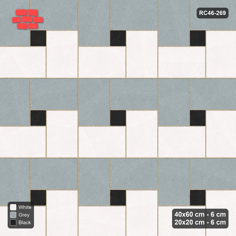 Interlock (Pasco) 40x60 cm · RC46-269 · Pinwheel CW, 20x20 Centres, Alternating Planks - Tuxedo · Top view Interlock (Pasco) 40x60 cm · RC46-269 · Pinwheel CW, 20x20 Centres, Alternating Planks - Tuxedo · Top view