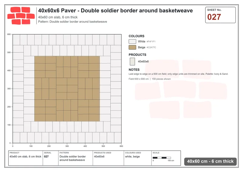 Interlock (Pasco) 40x60 cm · RC46-27 · Double soldier border around basketweave · Laying plan Interlock (Pasco) 40x60 cm · RC46-27 · Double soldier border around basketweave · Laying plan