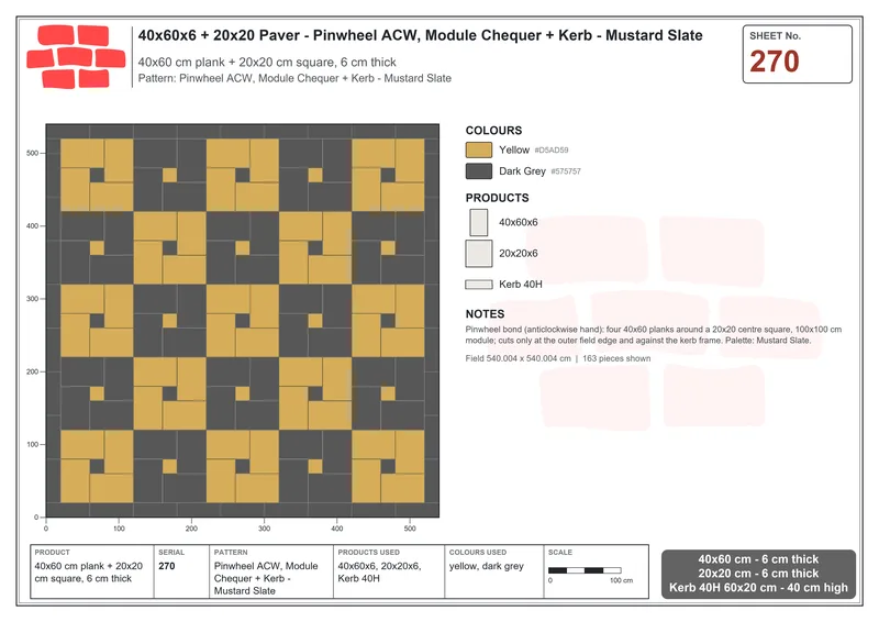 Interlock (Pasco) 40x60 cm · RC46-270 · Pinwheel ACW, Module Chequer + Kerb - Mustard Slate · Laying plan Interlock (Pasco) 40x60 cm · RC46-270 · Pinwheel ACW, Module Chequer + Kerb - Mustard Slate · Laying plan