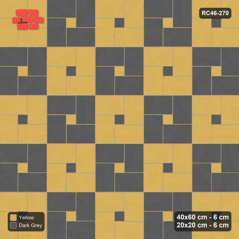 Interlock (Pasco) 40x60 cm · RC46-270 · Pinwheel ACW, Module Chequer + Kerb - Mustard Slate · Top view Interlock (Pasco) 40x60 cm · RC46-270 · Pinwheel ACW, Module Chequer + Kerb - Mustard Slate · Top view