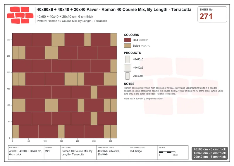 Interlock (Pasco) 40x60 cm · RC46-271 · Roman 40 Course Mix, By Length - Terracotta · Laying plan Interlock (Pasco) 40x60 cm · RC46-271 · Roman 40 Course Mix, By Length - Terracotta · Laying plan
