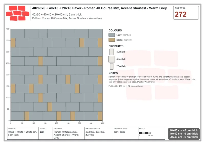 Interlock (Pasco) 40x60 cm · RC46-272 · Roman 40 Course Mix, Accent Shortest - Warm Grey · Laying plan Interlock (Pasco) 40x60 cm · RC46-272 · Roman 40 Course Mix, Accent Shortest - Warm Grey · Laying plan