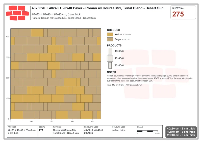 Interlock (Pasco) 40x60 cm · RC46-275 · Roman 40 Course Mix, Tonal Blend - Desert Sun · Laying plan Interlock (Pasco) 40x60 cm · RC46-275 · Roman 40 Course Mix, Tonal Blend - Desert Sun · Laying plan