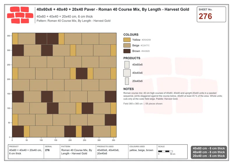 Interlock (Pasco) 40x60 cm · RC46-276 · Roman 40 Course Mix, By Length - Harvest Gold · Laying plan Interlock (Pasco) 40x60 cm · RC46-276 · Roman 40 Course Mix, By Length - Harvest Gold · Laying plan