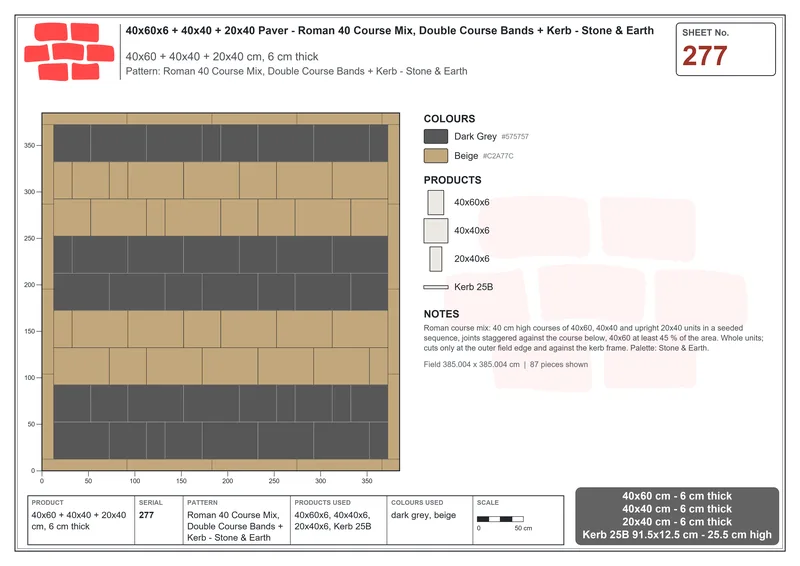 Interlock (Pasco) 40x60 cm · RC46-277 · Roman 40 Course Mix, Double Course Bands + Kerb - Stone & Earth · Laying plan Interlock (Pasco) 40x60 cm · RC46-277 · Roman 40 Course Mix, Double Course Bands + Kerb - Stone & Earth · Laying plan