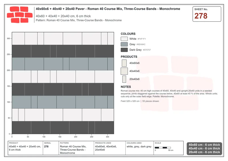 Interlock (Pasco) 40x60 cm · RC46-278 · Roman 40 Course Mix, Three-Course Bands - Monochrome · Laying plan Interlock (Pasco) 40x60 cm · RC46-278 · Roman 40 Course Mix, Three-Course Bands - Monochrome · Laying plan