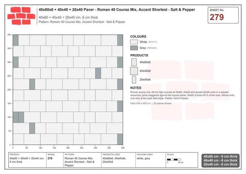 Interlock (Pasco) 40x60 cm · RC46-279 · Roman 40 Course Mix, Accent Shortest - Salt & Pepper · Laying plan Interlock (Pasco) 40x60 cm · RC46-279 · Roman 40 Course Mix, Accent Shortest - Salt & Pepper · Laying plan