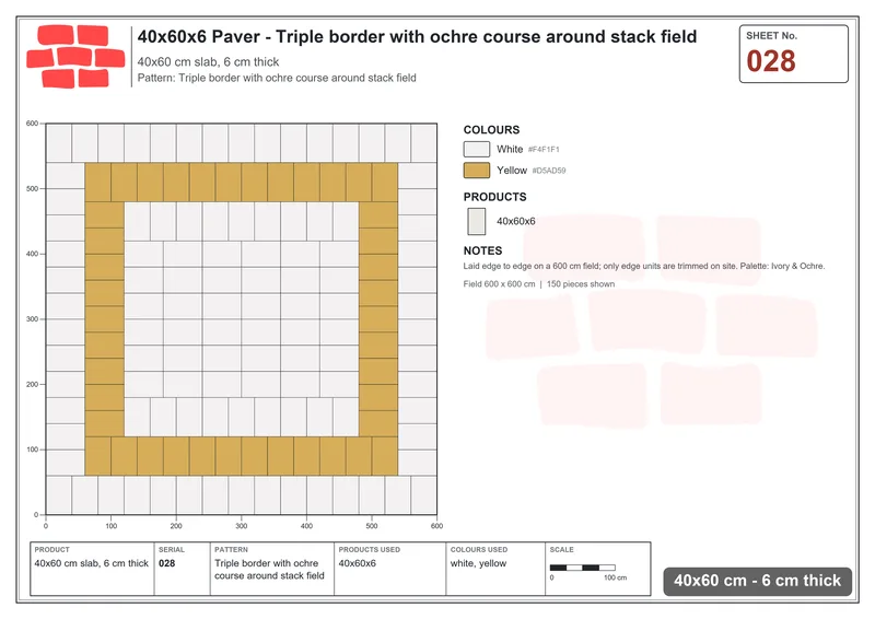 Interlock (Pasco) 40x60 cm · RC46-28 · Triple border with ochre course around stack field · Laying plan Interlock (Pasco) 40x60 cm · RC46-28 · Triple border with ochre course around stack field · Laying plan