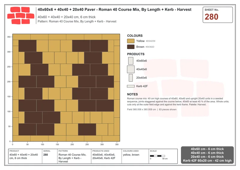 Interlock (Pasco) 40x60 cm · RC46-280 · Roman 40 Course Mix, By Length + Kerb - Harvest · Laying plan Interlock (Pasco) 40x60 cm · RC46-280 · Roman 40 Course Mix, By Length + Kerb - Harvest · Laying plan