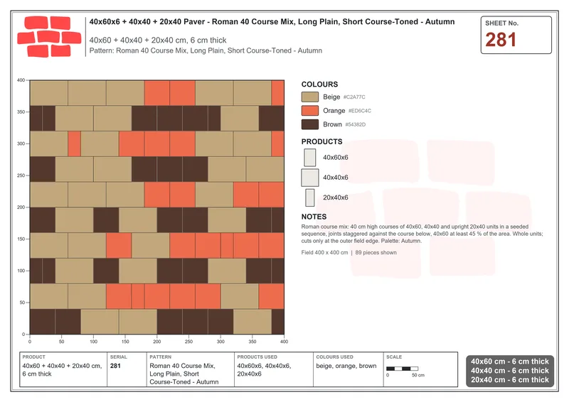Interlock (Pasco) 40x60 cm · RC46-281 · Roman 40 Course Mix, Long Plain, Short Course-Toned - Autumn · Laying plan Interlock (Pasco) 40x60 cm · RC46-281 · Roman 40 Course Mix, Long Plain, Short Course-Toned - Autumn · Laying plan
