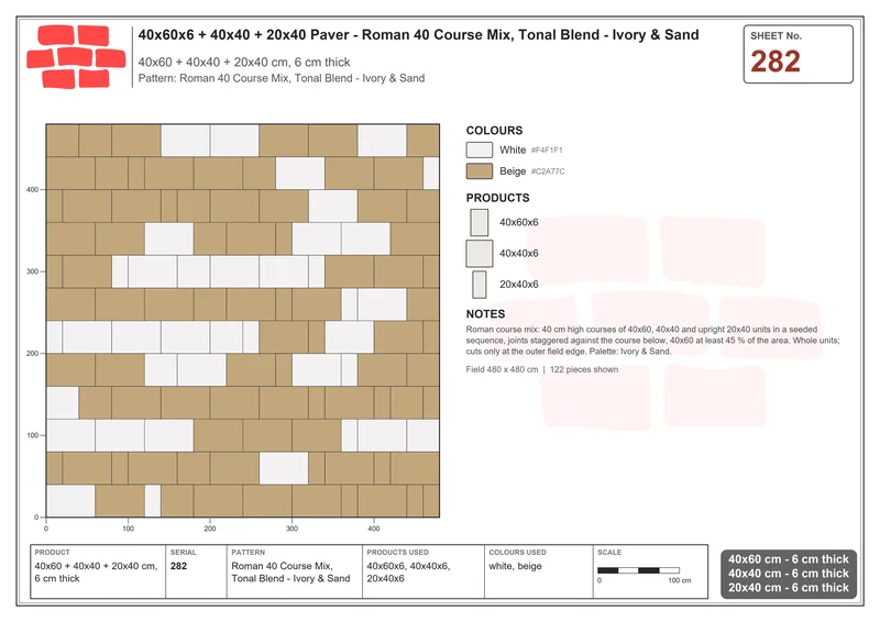 Interlock (Pasco) 40x60 cm · RC46-282 · Roman 40 Course Mix, Tonal Blend - Ivory & Sand · Laying plan Interlock (Pasco) 40x60 cm · RC46-282 · Roman 40 Course Mix, Tonal Blend - Ivory & Sand · Laying plan