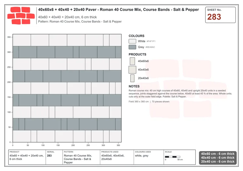 Interlock (Pasco) 40x60 cm · RC46-283 · Roman 40 Course Mix, Course Bands - Salt & Pepper · Laying plan Interlock (Pasco) 40x60 cm · RC46-283 · Roman 40 Course Mix, Course Bands - Salt & Pepper · Laying plan