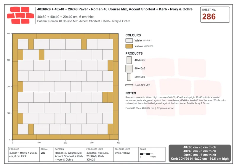 Interlock (Pasco) 40x60 cm · RC46-286 · Roman 40 Course Mix, Accent Shortest + Kerb - Ivory & Ochre · Laying plan Interlock (Pasco) 40x60 cm · RC46-286 · Roman 40 Course Mix, Accent Shortest + Kerb - Ivory & Ochre · Laying plan