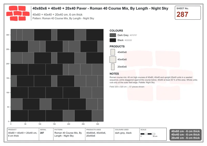 Interlock (Pasco) 40x60 cm · RC46-287 · Roman 40 Course Mix, By Length - Night Sky · Laying plan Interlock (Pasco) 40x60 cm · RC46-287 · Roman 40 Course Mix, By Length - Night Sky · Laying plan