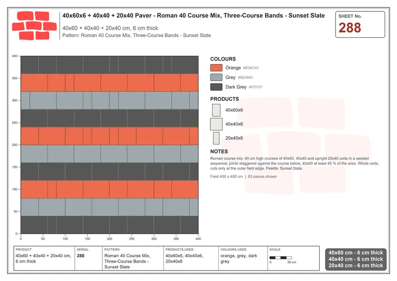 Interlock (Pasco) 40x60 cm · RC46-288 · Roman 40 Course Mix, Three-Course Bands - Sunset Slate · Laying plan Interlock (Pasco) 40x60 cm · RC46-288 · Roman 40 Course Mix, Three-Course Bands - Sunset Slate · Laying plan
