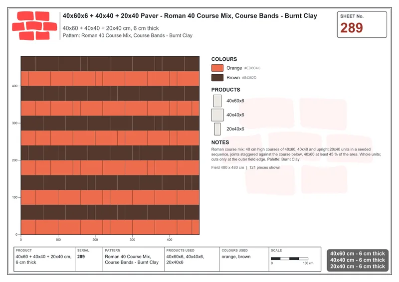 Interlock (Pasco) 40x60 cm · RC46-289 · Roman 40 Course Mix, Course Bands - Burnt Clay · Laying plan Interlock (Pasco) 40x60 cm · RC46-289 · Roman 40 Course Mix, Course Bands - Burnt Clay · Laying plan