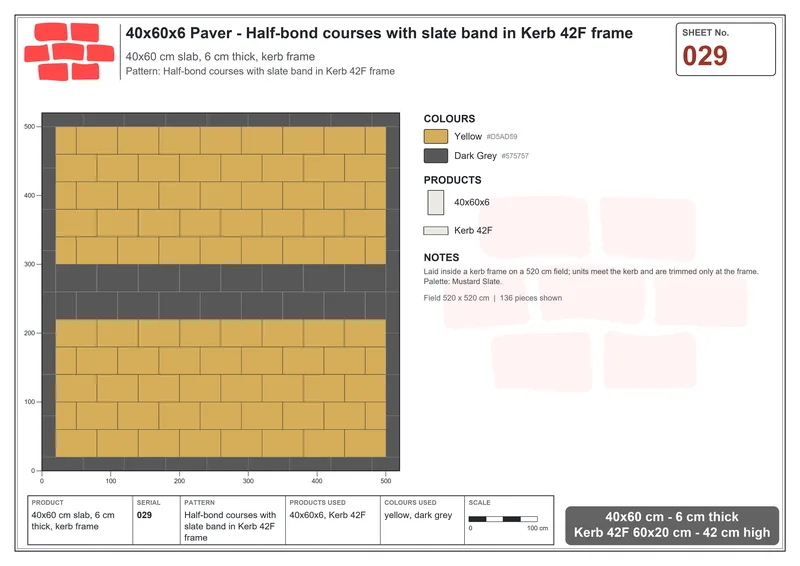 Interlock (Pasco) 40x60 cm · RC46-29 · Half-bond courses with slate band in Kerb 42F frame · Laying plan Interlock (Pasco) 40x60 cm · RC46-29 · Half-bond courses with slate band in Kerb 42F frame · Laying plan