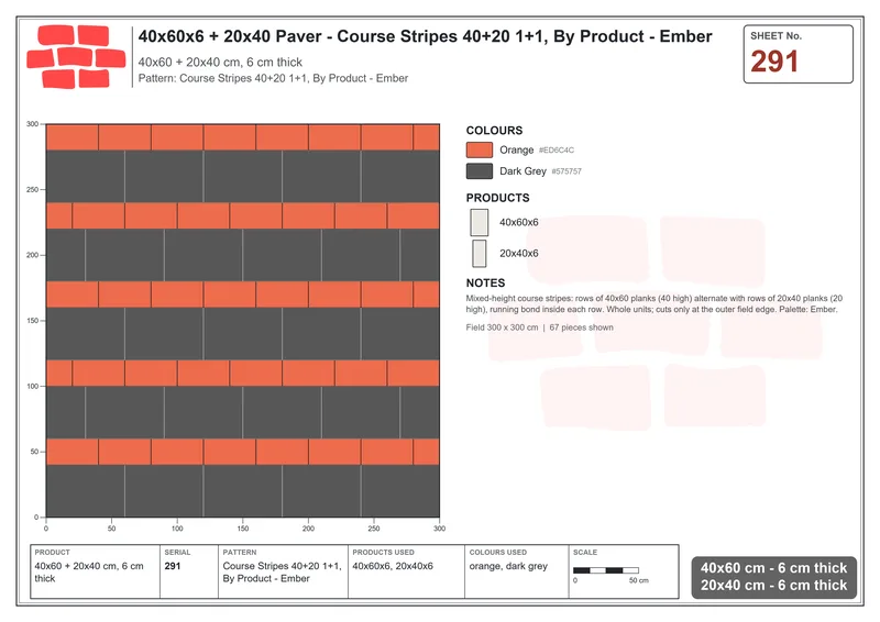 Interlock (Pasco) 40x60 cm · RC46-291 · Course Stripes 40+20 1+1, By Product - Ember · Laying plan Interlock (Pasco) 40x60 cm · RC46-291 · Course Stripes 40+20 1+1, By Product - Ember · Laying plan