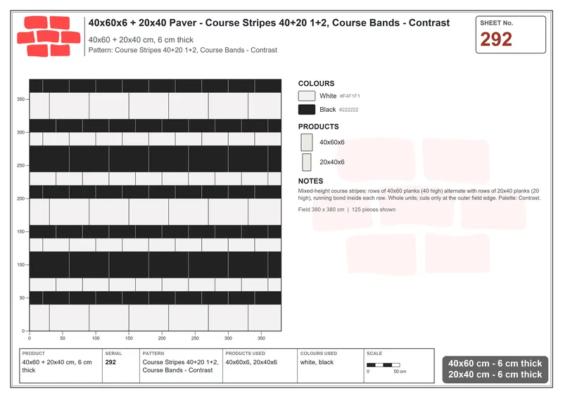 Interlock (Pasco) 40x60 cm · RC46-292 · Course Stripes 40+20 1+2, Course Bands - Contrast · Laying plan Interlock (Pasco) 40x60 cm · RC46-292 · Course Stripes 40+20 1+2, Course Bands - Contrast · Laying plan