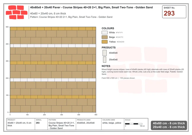 Interlock (Pasco) 40x60 cm · RC46-293 · Course Stripes 40+20 2+1, Big Plain, Small Two-Tone - Golden Sand · Laying plan Interlock (Pasco) 40x60 cm · RC46-293 · Course Stripes 40+20 2+1, Big Plain, Small Two-Tone - Golden Sand · Laying plan