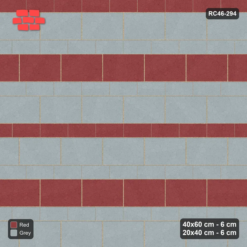 Interlock (Pasco) 40x60 cm · RC46-294 · Course Stripes 40+20 1+1, Accent Every 3rd Course - Brick & Ash · Top view Interlock (Pasco) 40x60 cm · RC46-294 · Course Stripes 40+20 1+1, Accent Every 3rd Course - Brick & Ash · Top view