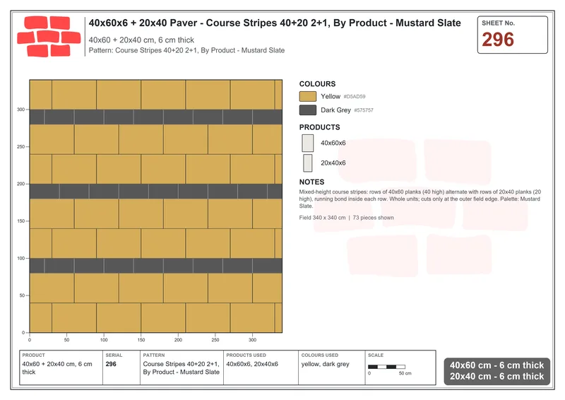 Interlock (Pasco) 40x60 cm · RC46-296 · Course Stripes 40+20 2+1, By Product - Mustard Slate · Laying plan Interlock (Pasco) 40x60 cm · RC46-296 · Course Stripes 40+20 2+1, By Product - Mustard Slate · Laying plan