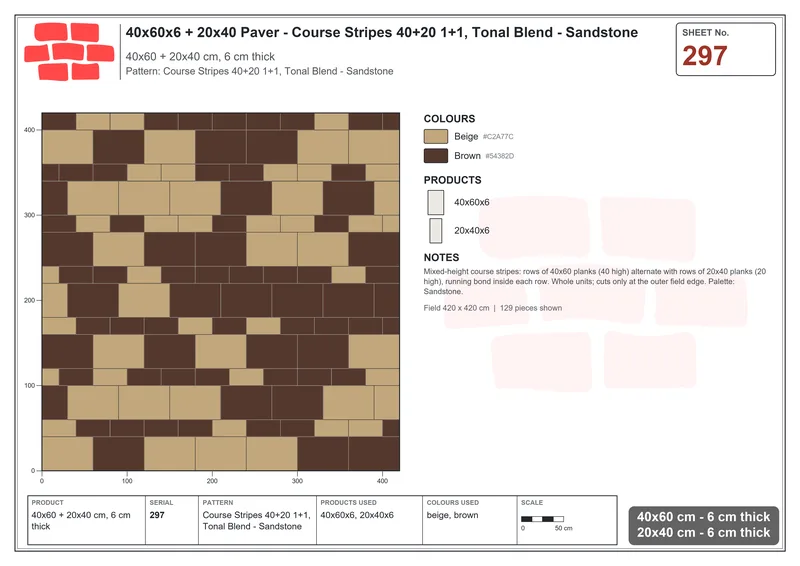 Interlock (Pasco) 40x60 cm · RC46-297 · Course Stripes 40+20 1+1, Tonal Blend - Sandstone · Laying plan Interlock (Pasco) 40x60 cm · RC46-297 · Course Stripes 40+20 1+1, Tonal Blend - Sandstone · Laying plan