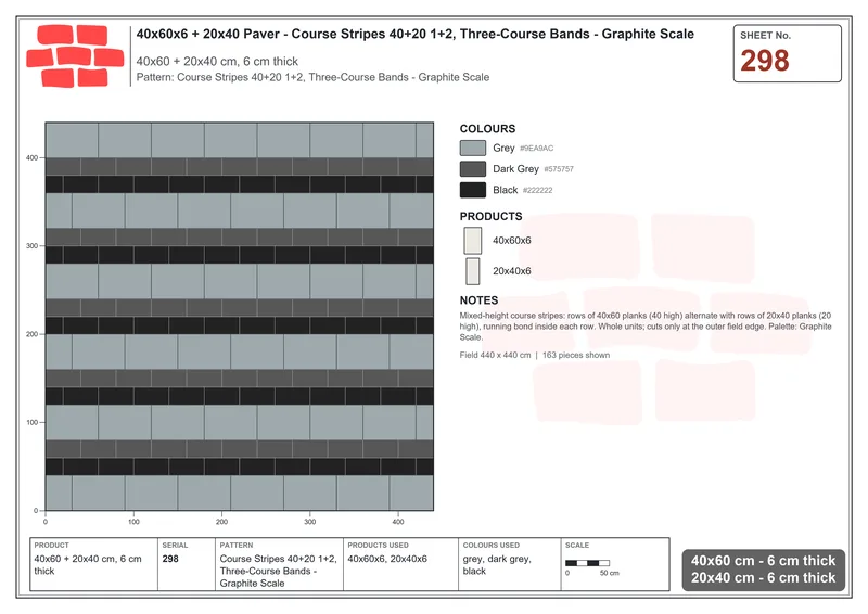 Interlock (Pasco) 40x60 cm · RC46-298 · Course Stripes 40+20 1+2, Three-Course Bands - Graphite Scale · Laying plan Interlock (Pasco) 40x60 cm · RC46-298 · Course Stripes 40+20 1+2, Three-Course Bands - Graphite Scale · Laying plan