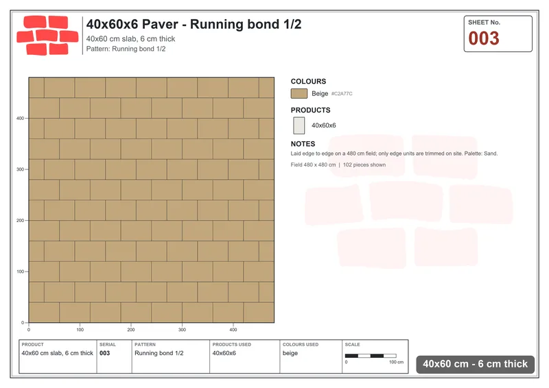 Interlock (Pasco) 40x60 cm · RC46-3 · Running bond 1/2 · Laying plan Interlock (Pasco) 40x60 cm · RC46-3 · Running bond 1/2 · Laying plan