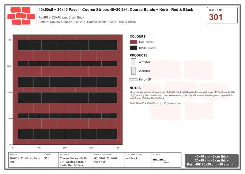 Interlock (Pasco) 40x60 cm · RC46-301 · Course Stripes 40+20 2+1, Course Bands + Kerb - Red & Black · Laying plan Interlock (Pasco) 40x60 cm · RC46-301 · Course Stripes 40+20 2+1, Course Bands + Kerb - Red & Black · Laying plan