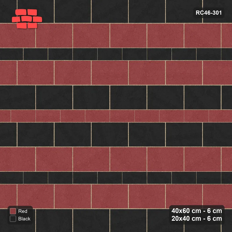 Interlock (Pasco) 40x60 cm · RC46-301 · Course Stripes 40+20 2+1, Course Bands + Kerb - Red & Black · Top view Interlock (Pasco) 40x60 cm · RC46-301 · Course Stripes 40+20 2+1, Course Bands + Kerb - Red & Black · Top view