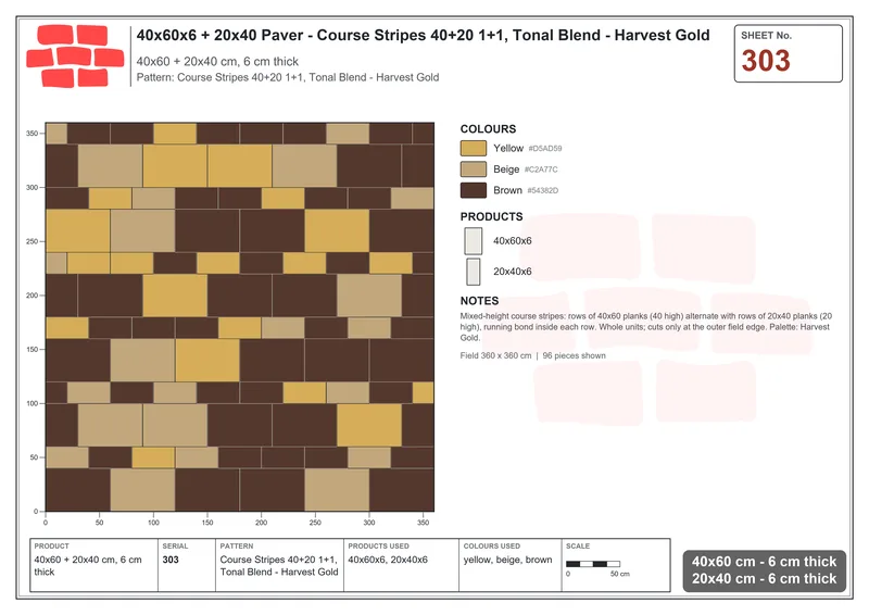 Interlock (Pasco) 40x60 cm · RC46-303 · Course Stripes 40+20 1+1, Tonal Blend - Harvest Gold · Laying plan Interlock (Pasco) 40x60 cm · RC46-303 · Course Stripes 40+20 1+1, Tonal Blend - Harvest Gold · Laying plan
