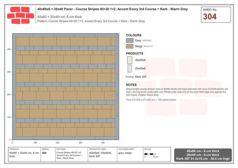 Interlock (Pasco) 40x60 cm · RC46-304 · Course Stripes 40+20 1+2, Accent Every 3rd Course + Kerb - Warm Grey · Laying plan Interlock (Pasco) 40x60 cm · RC46-304 · Course Stripes 40+20 1+2, Accent Every 3rd Course + Kerb - Warm Grey · Laying plan