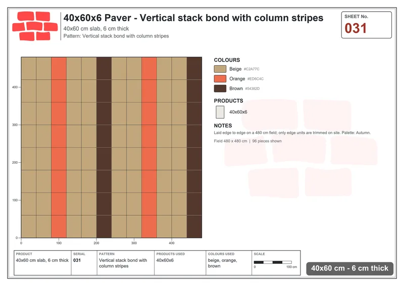 Interlock (Pasco) 40x60 cm · RC46-31 · Vertical stack bond with column stripes · Laying plan Interlock (Pasco) 40x60 cm · RC46-31 · Vertical stack bond with column stripes · Laying plan